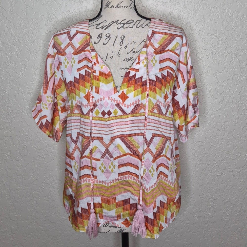 G by Giuliana Pink Orange Geometric Tassel Tie V-Neck Short Sleeve Blouse Medium